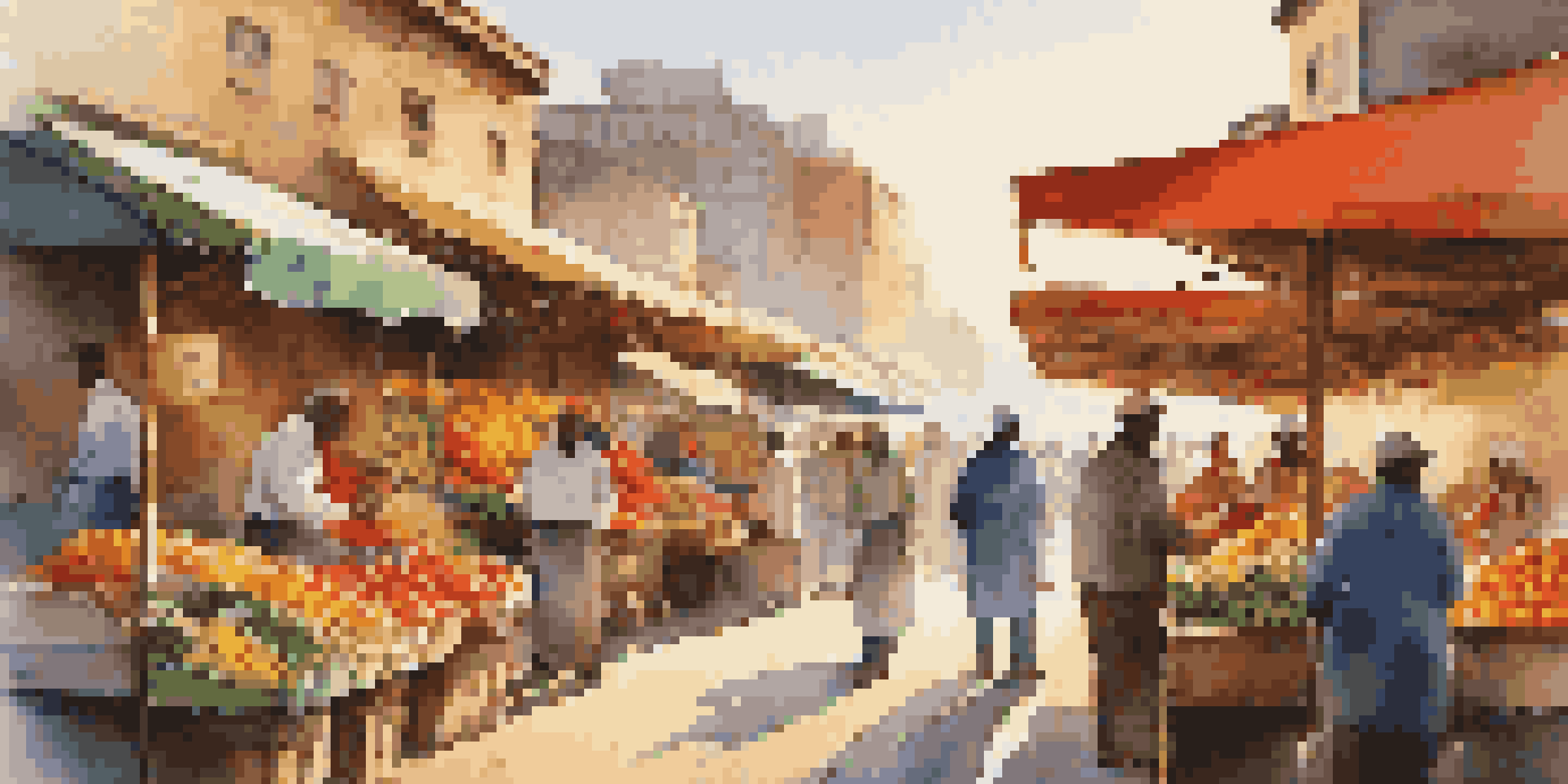A lively local market with colorful stalls and fresh produce at sunrise.
