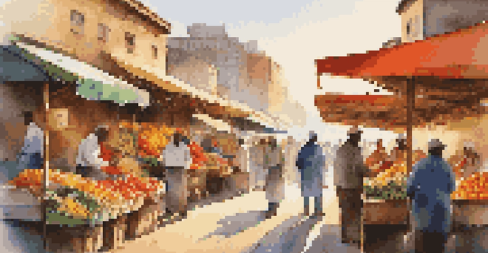 A lively local market with colorful stalls and fresh produce at sunrise.