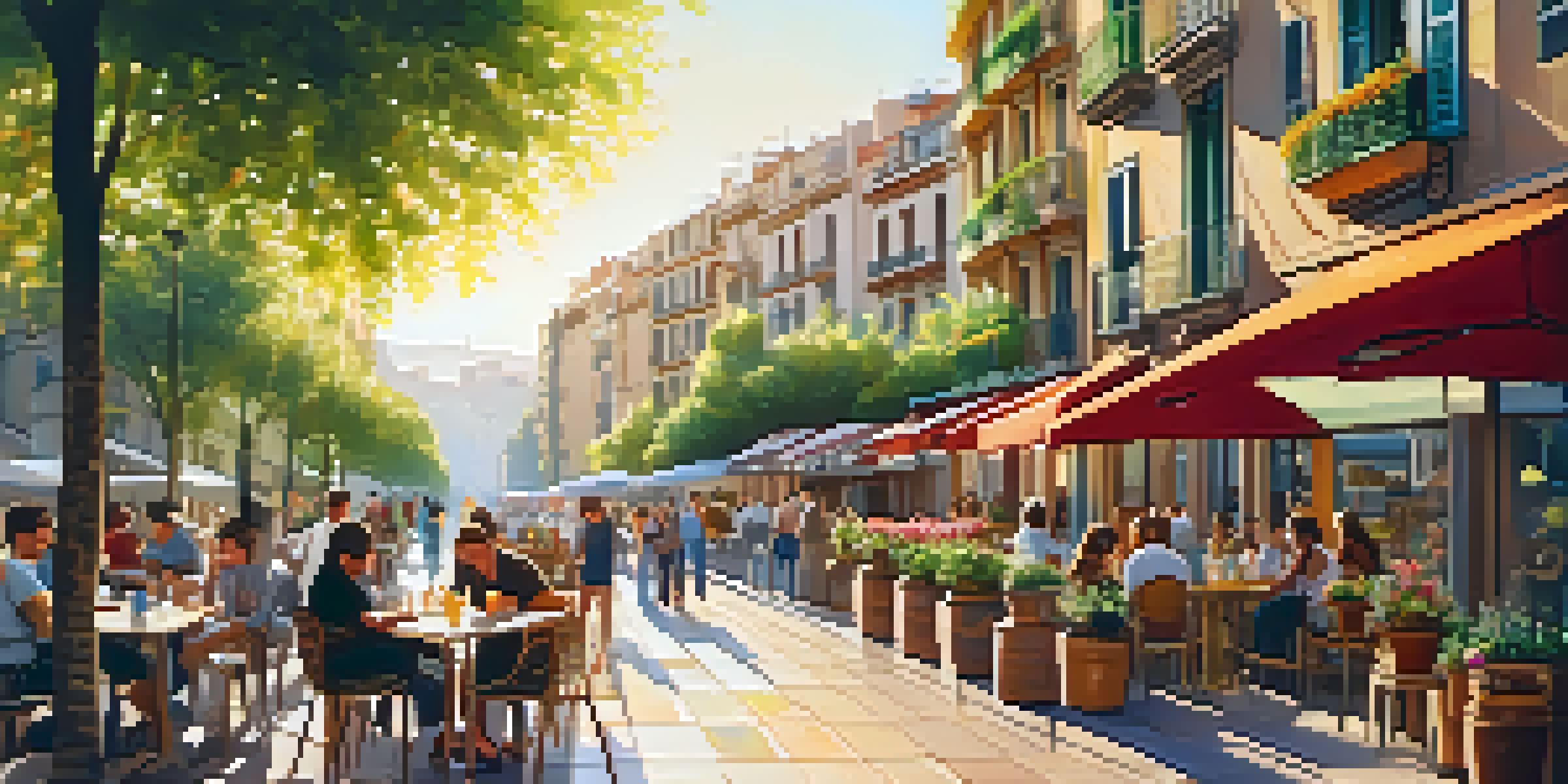 A vibrant street in Barcelona with colorful buildings and locals enjoying outdoor cafes, illuminated by warm sunlight.