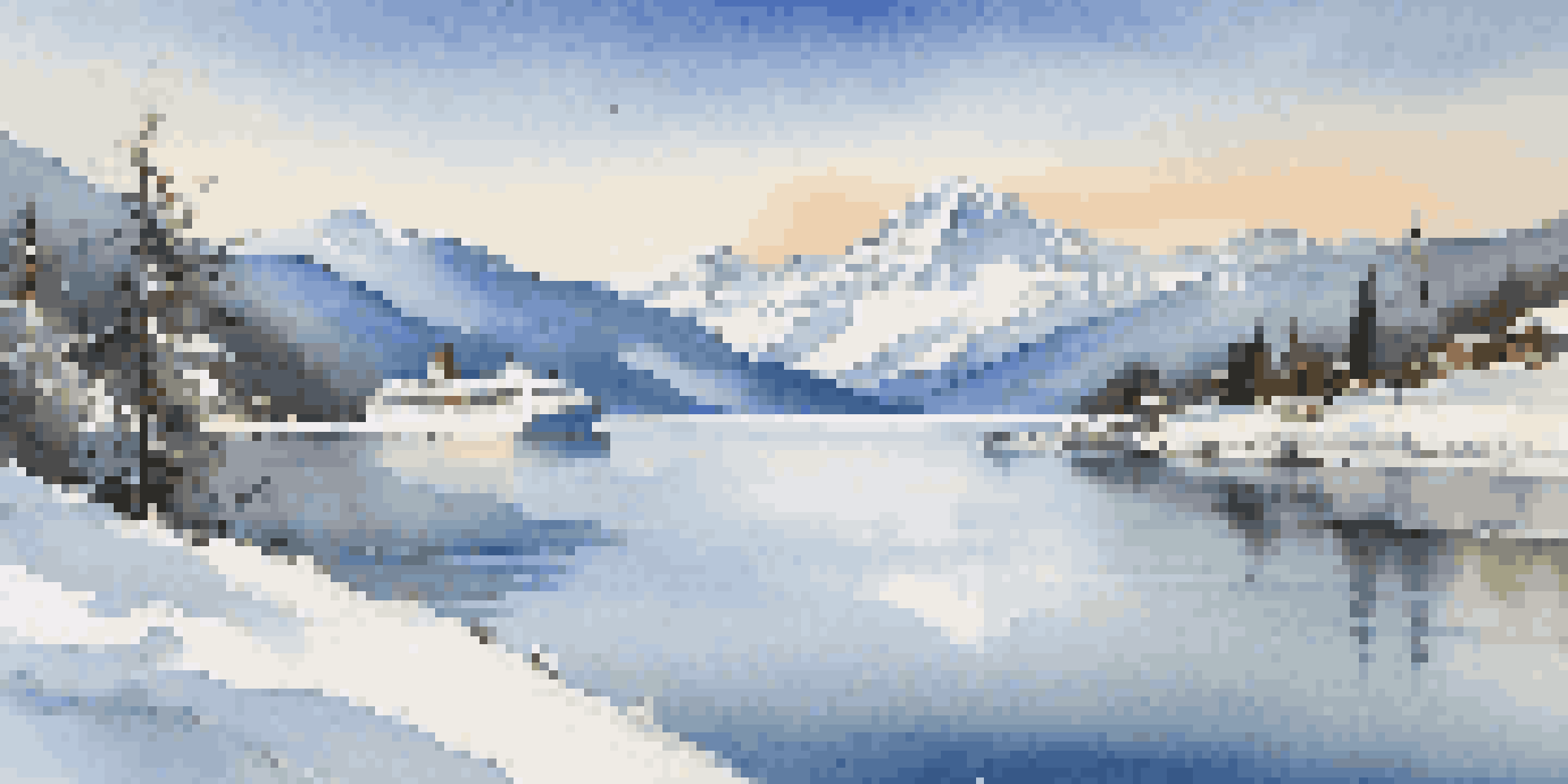 A winter landscape with snow-covered mountains, an icy lake, and a decorated cruise ship.