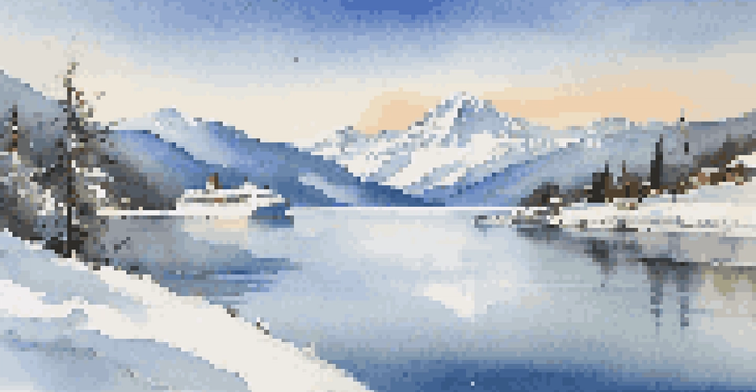 A winter landscape with snow-covered mountains, an icy lake, and a decorated cruise ship.