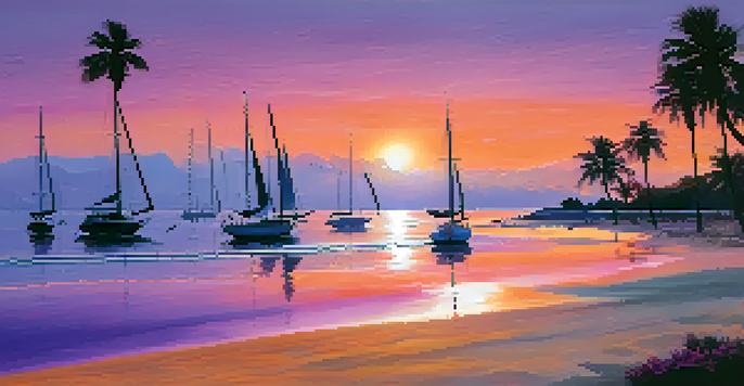 A tranquil beach at sunset with colorful skies and palm trees framing the scene.