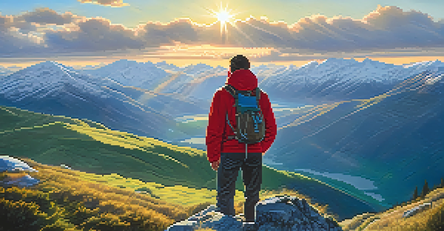 A traveler in a red jacket on a mountain peak, enjoying a stunning view of the valley and mountains.