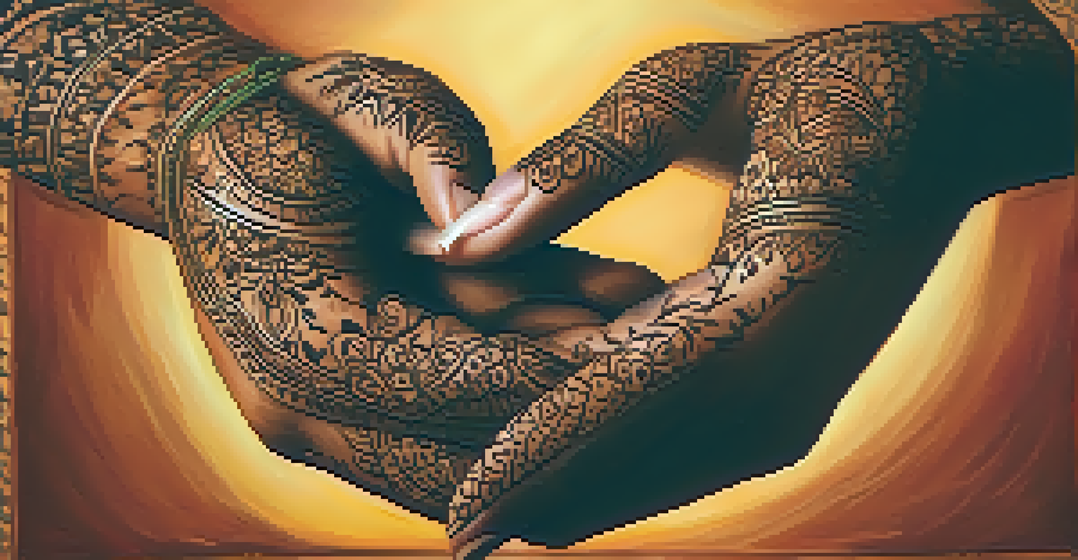 Close-up of hands in a 'Namaste' gesture with henna designs, symbolizing respect and peace.