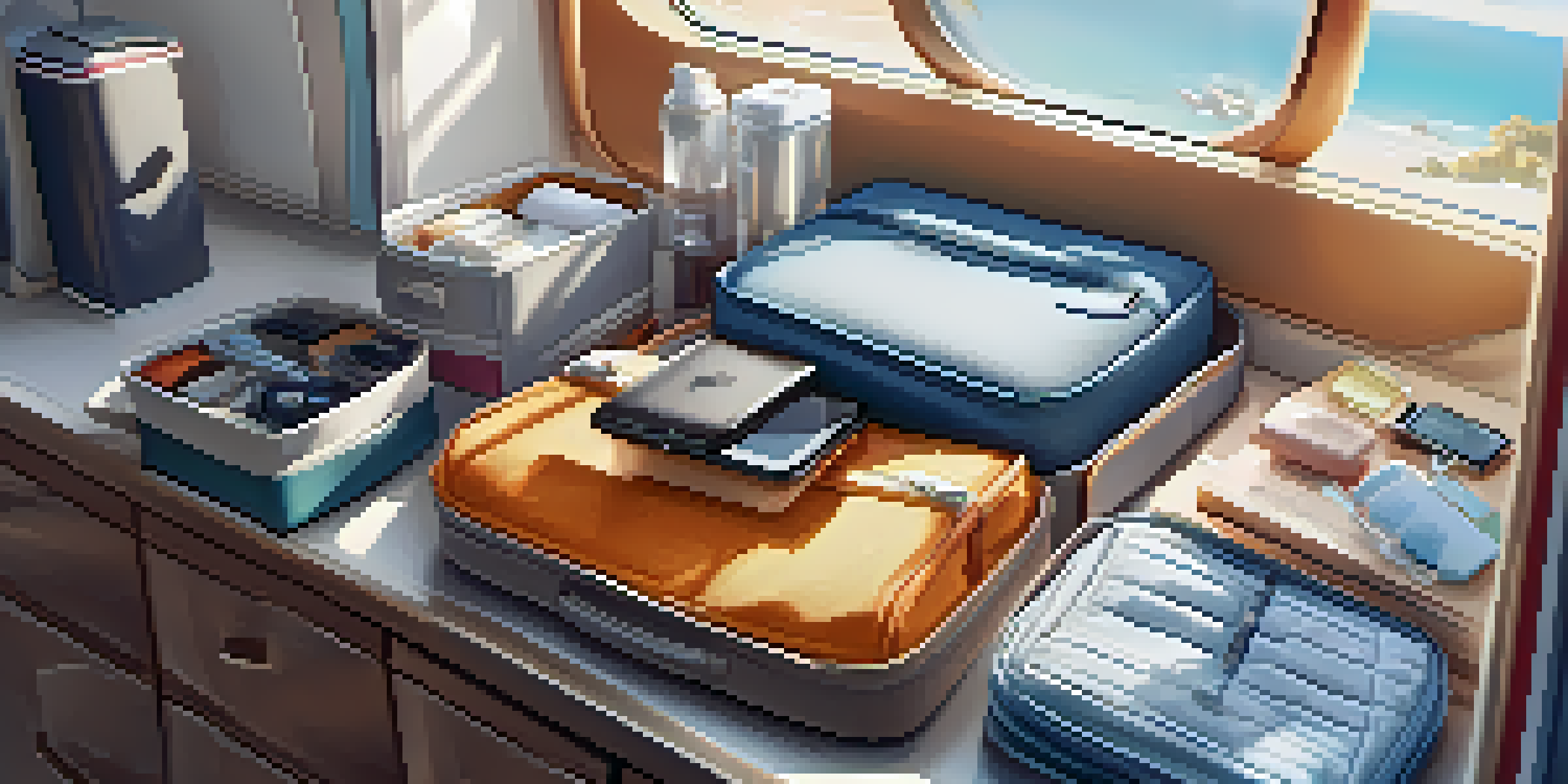 A travel suitcase with rolled clothes, toiletries, and tech gadgets, illuminated by soft sunlight.
