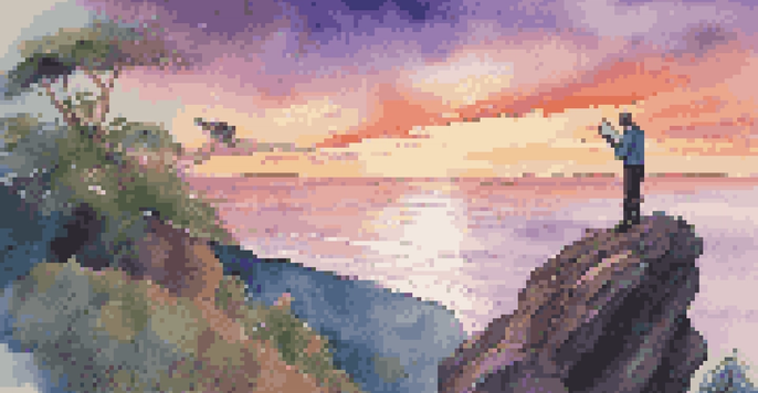 A researcher on a cliff at sunset, writing in a notebook with ocean views and lush greenery.