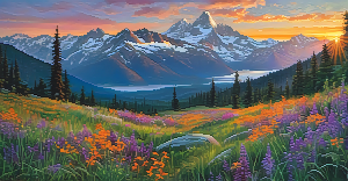 A wide-angle shot of a mountain range at sunset, showcasing colorful skies and a green valley with wildflowers in the foreground.