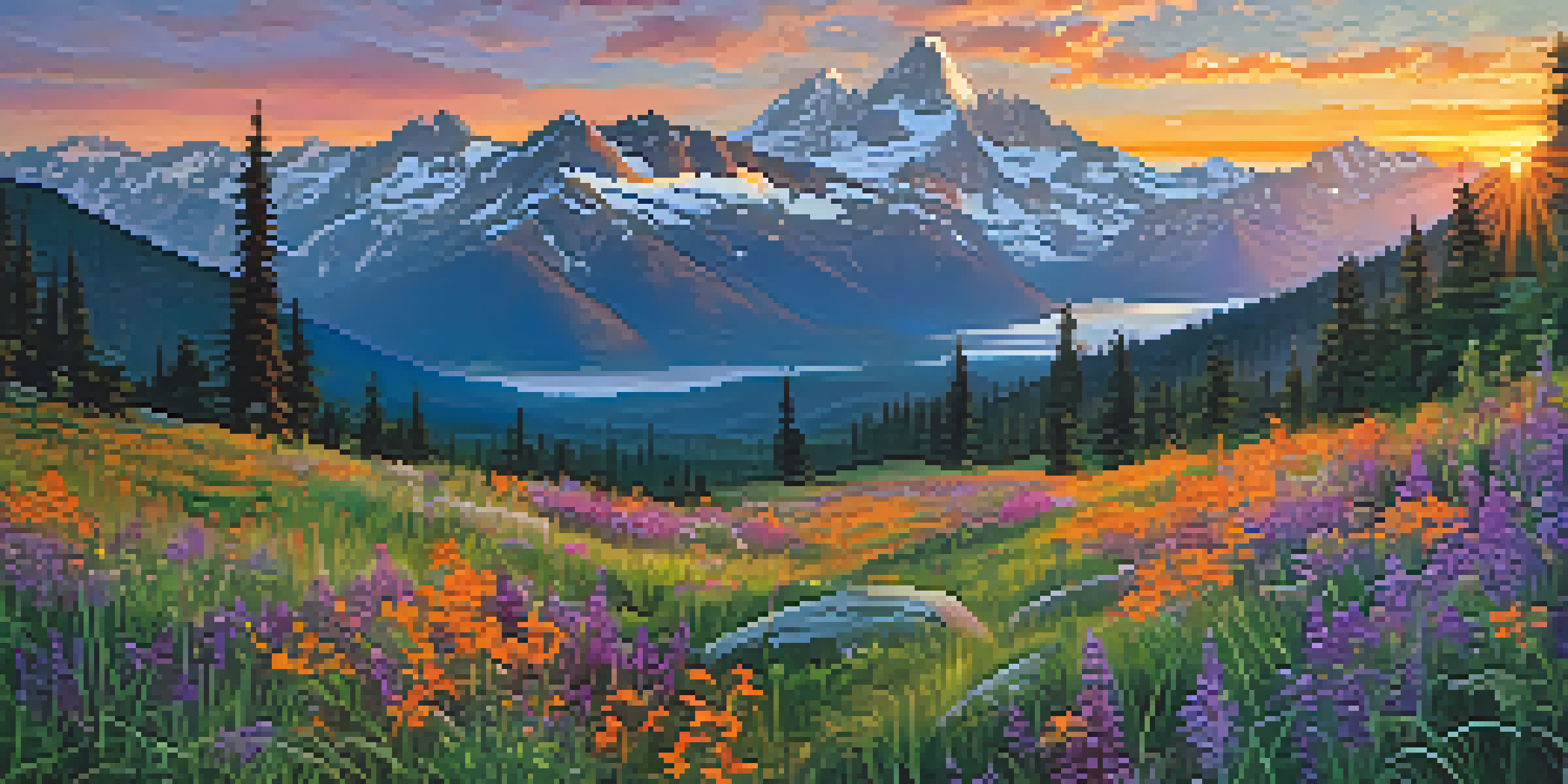 A wide-angle shot of a mountain range at sunset, showcasing colorful skies and a green valley with wildflowers in the foreground.