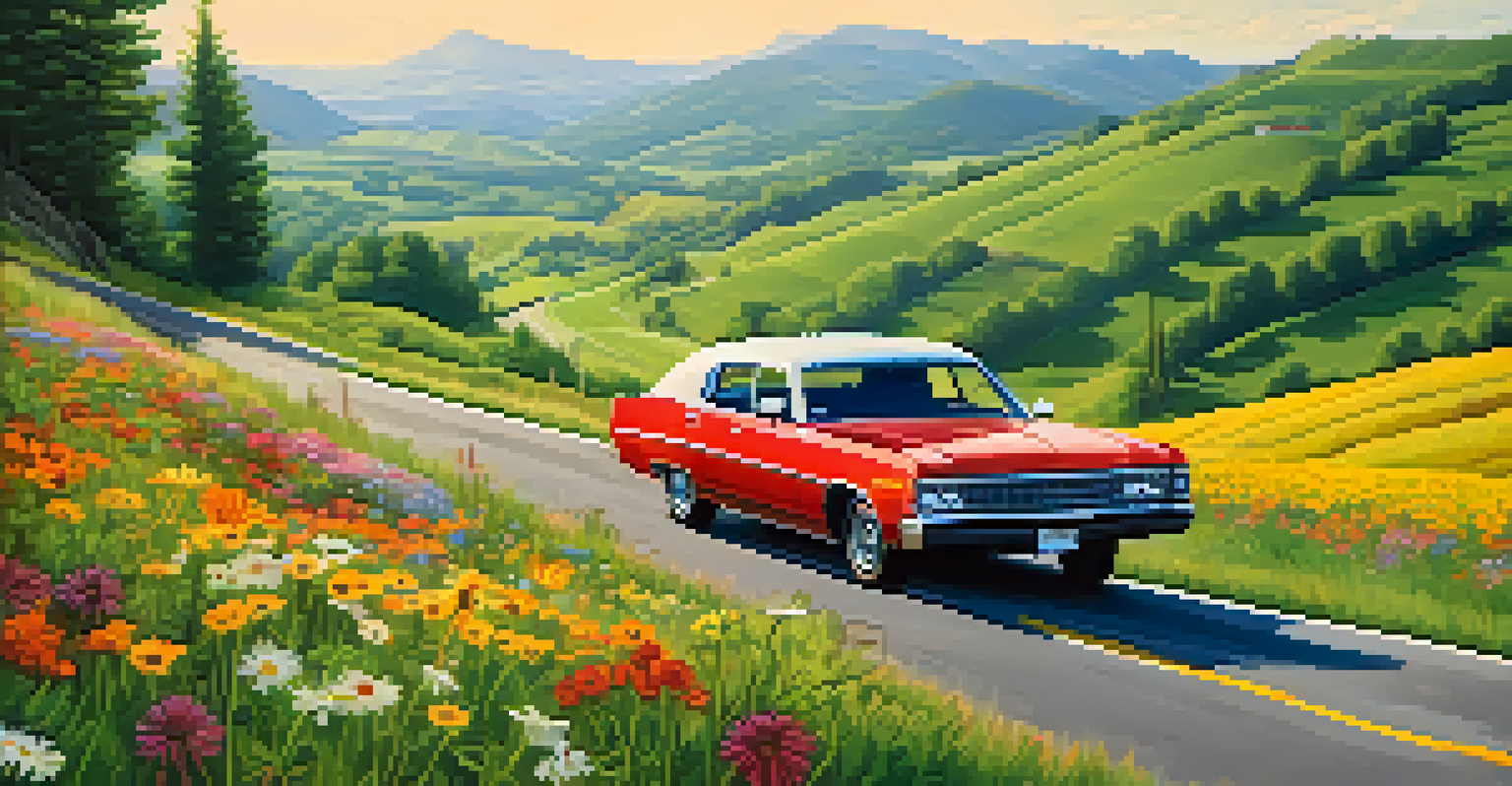 A scenic road leading to a music festival with a car traveling through beautiful landscapes and music notes in the air.