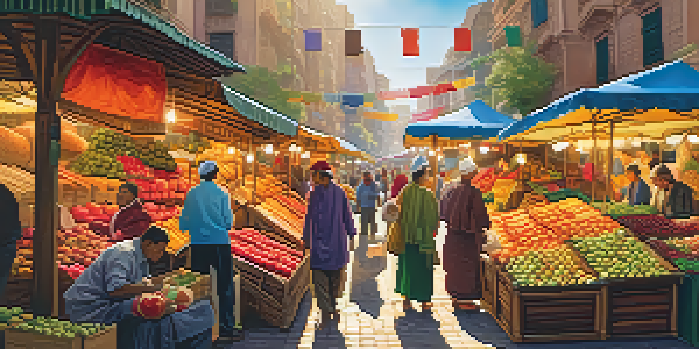 A lively street market filled with diverse vendors and colorful products, under warm sunlight.