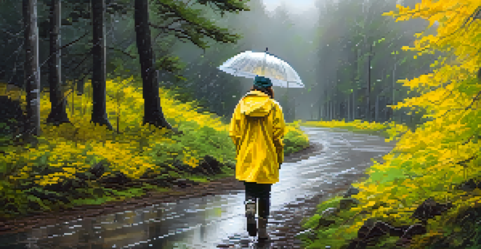 A person in a bright yellow waterproof jacket on a hiking trail during light rain, holding a transparent umbrella, surrounded by green trees and puddles.