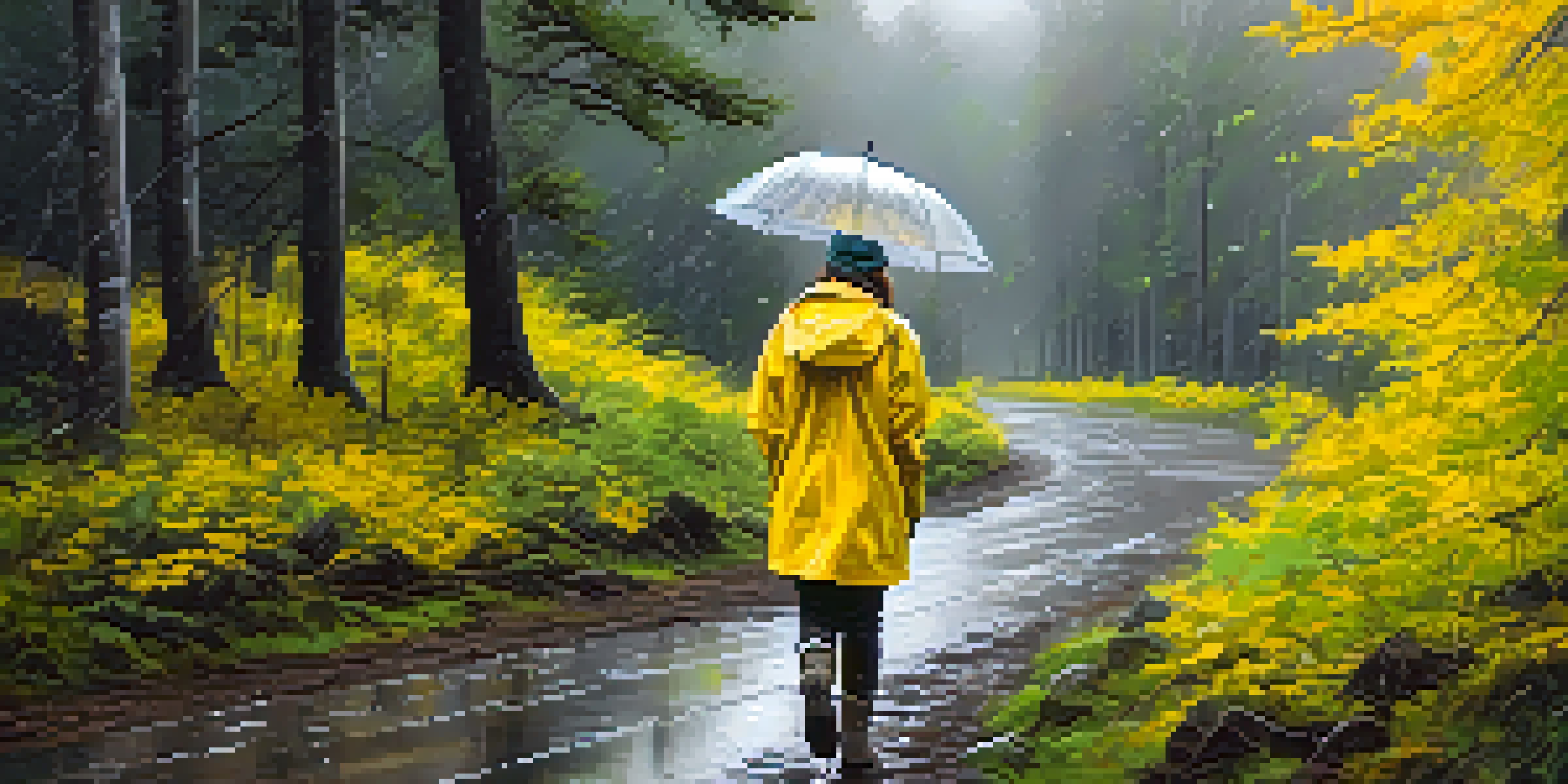 A person in a bright yellow waterproof jacket on a hiking trail during light rain, holding a transparent umbrella, surrounded by green trees and puddles.