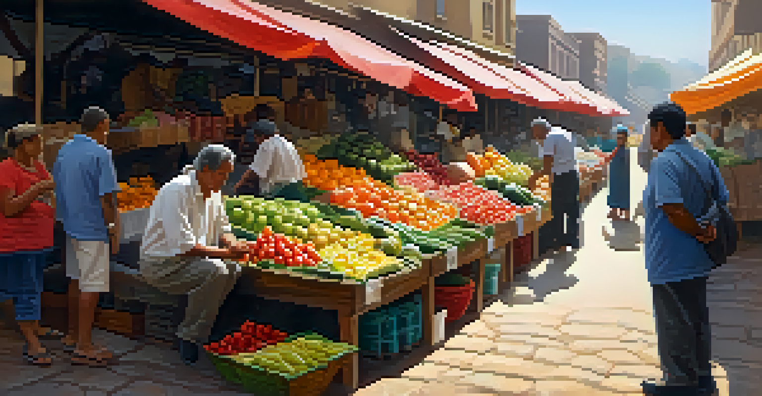 A local market filled with fresh produce and handmade goods, with a vendor engaging with visitors.