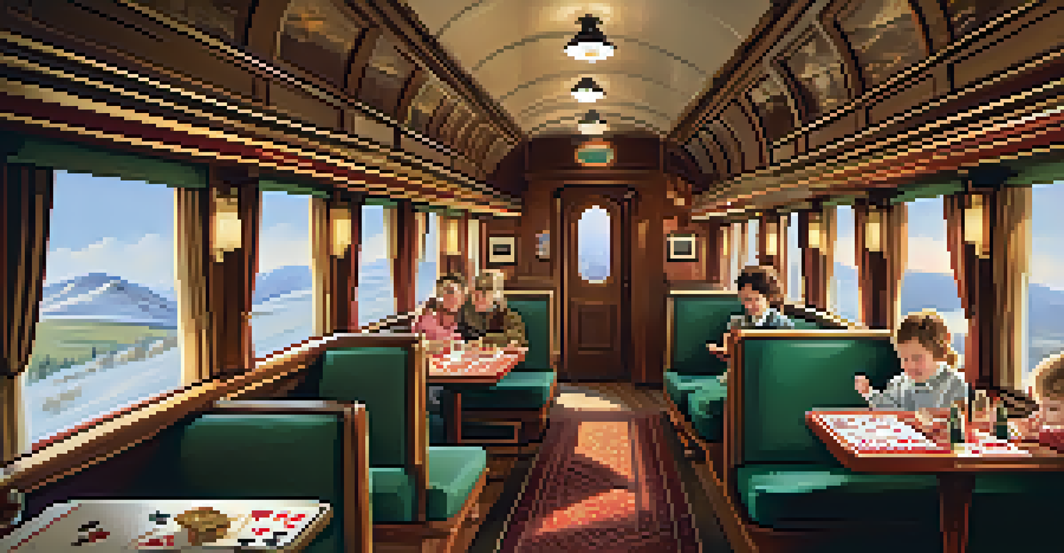 A family playing card games in a train cabin with large windows showing scenic landscapes outside, warm lighting and cozy seating.