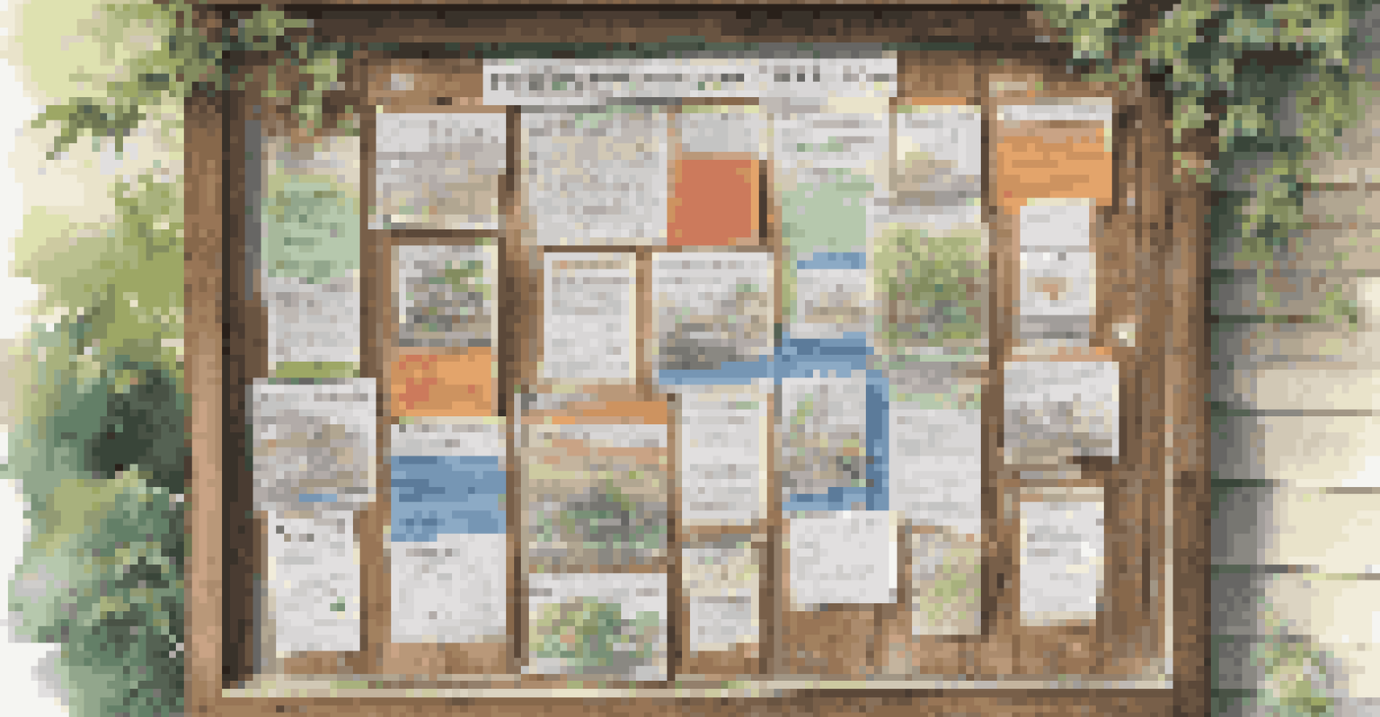 A community bulletin board with various flyers about local laws and emergency contacts, surrounded by greenery and illuminated by natural light.