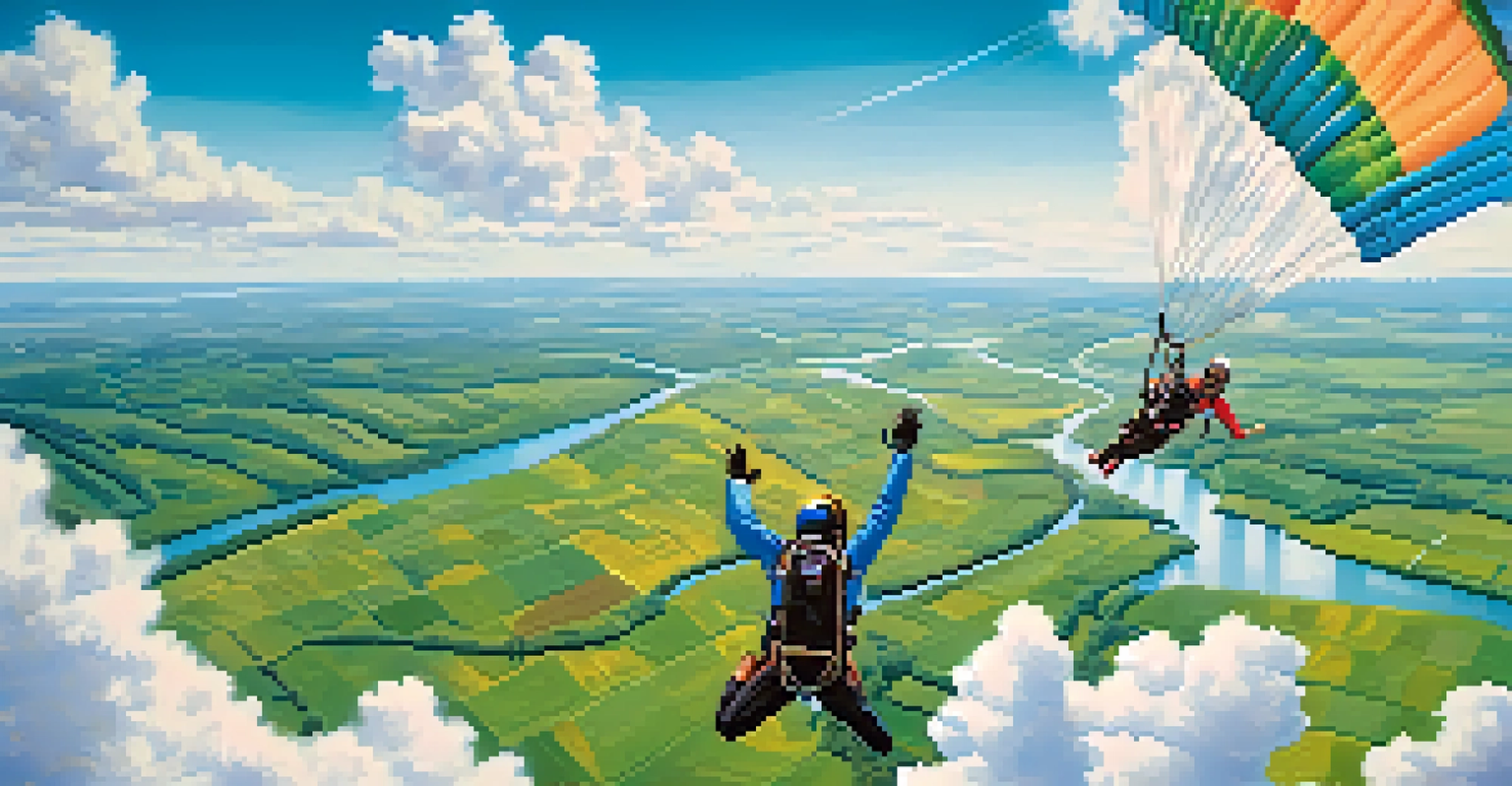 A skydiver in free-fall above a colorful landscape, with a parachute deployed against a blue sky.