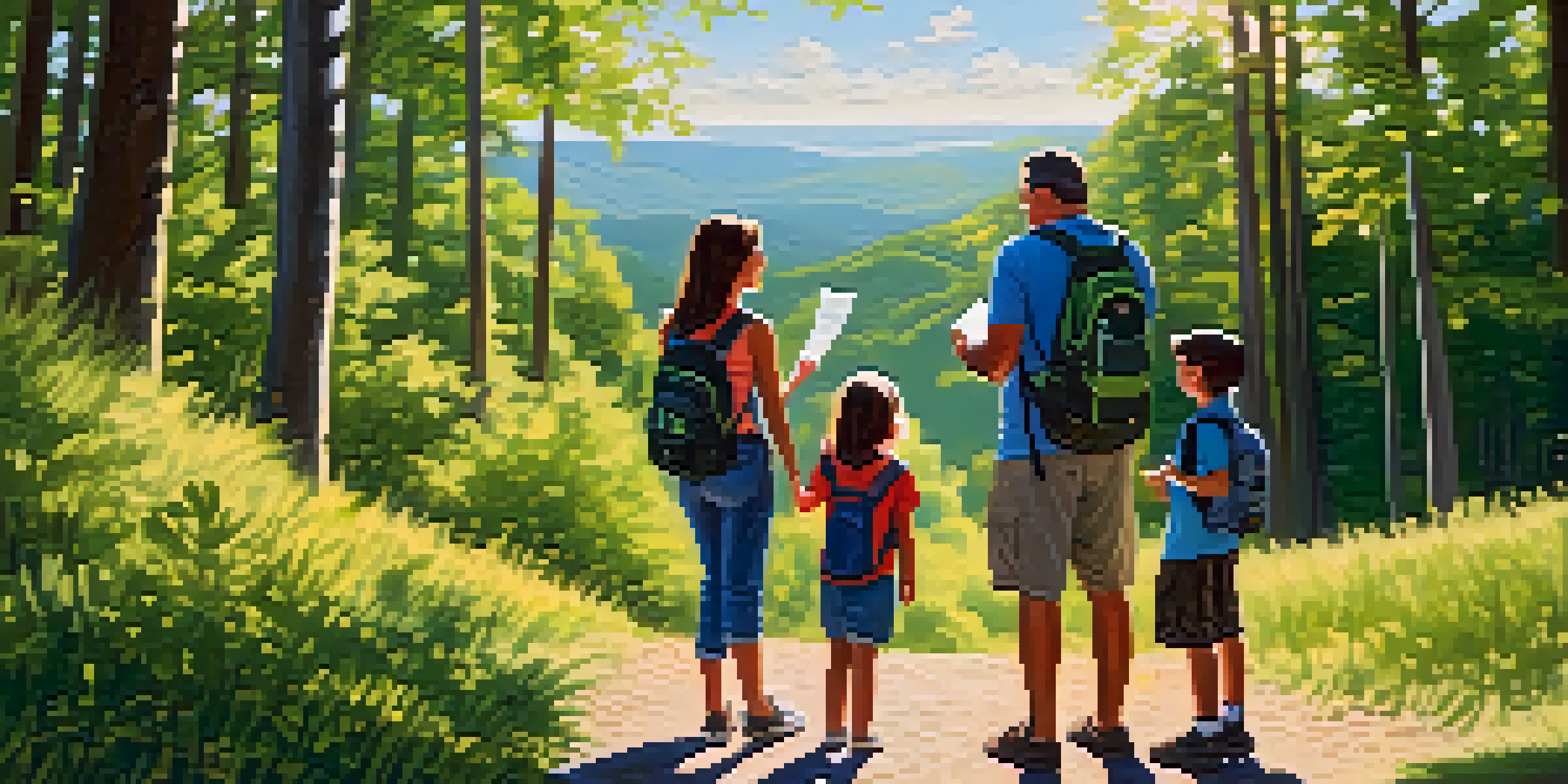 A family with parents and children looking at a map on a hiking trail, surrounded by trees and sunlight.
