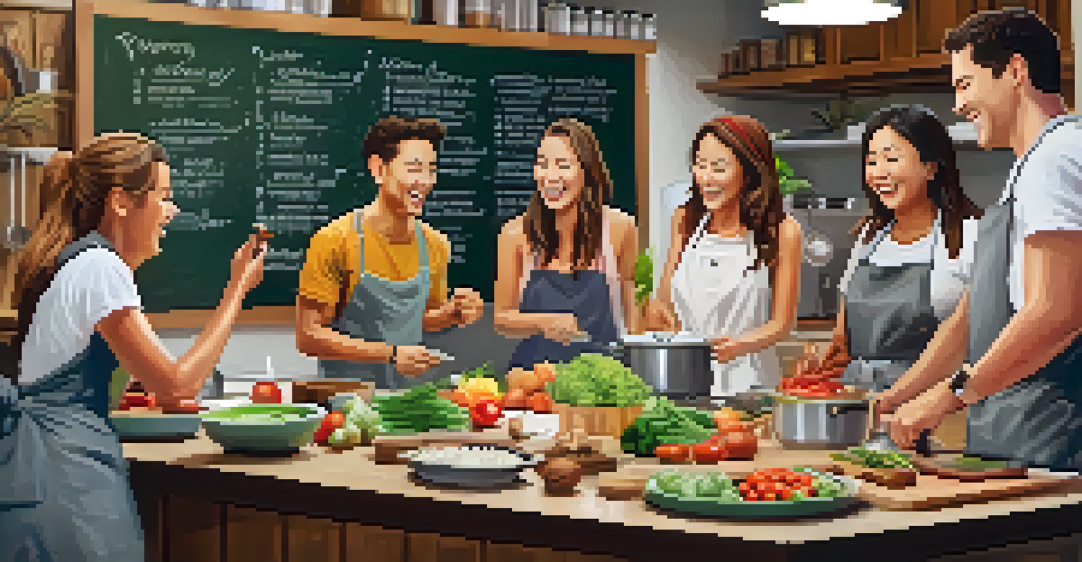 Travelers enjoying a cooking class in a hostel kitchen, preparing food together and having fun.