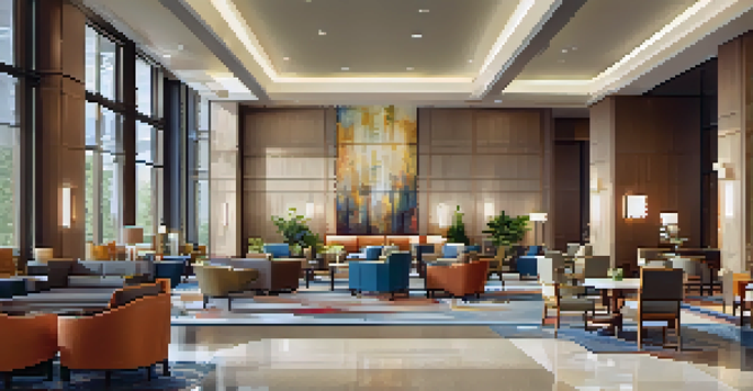 A bright hotel lobby with wide pathways, comfortable seating, and large windows.