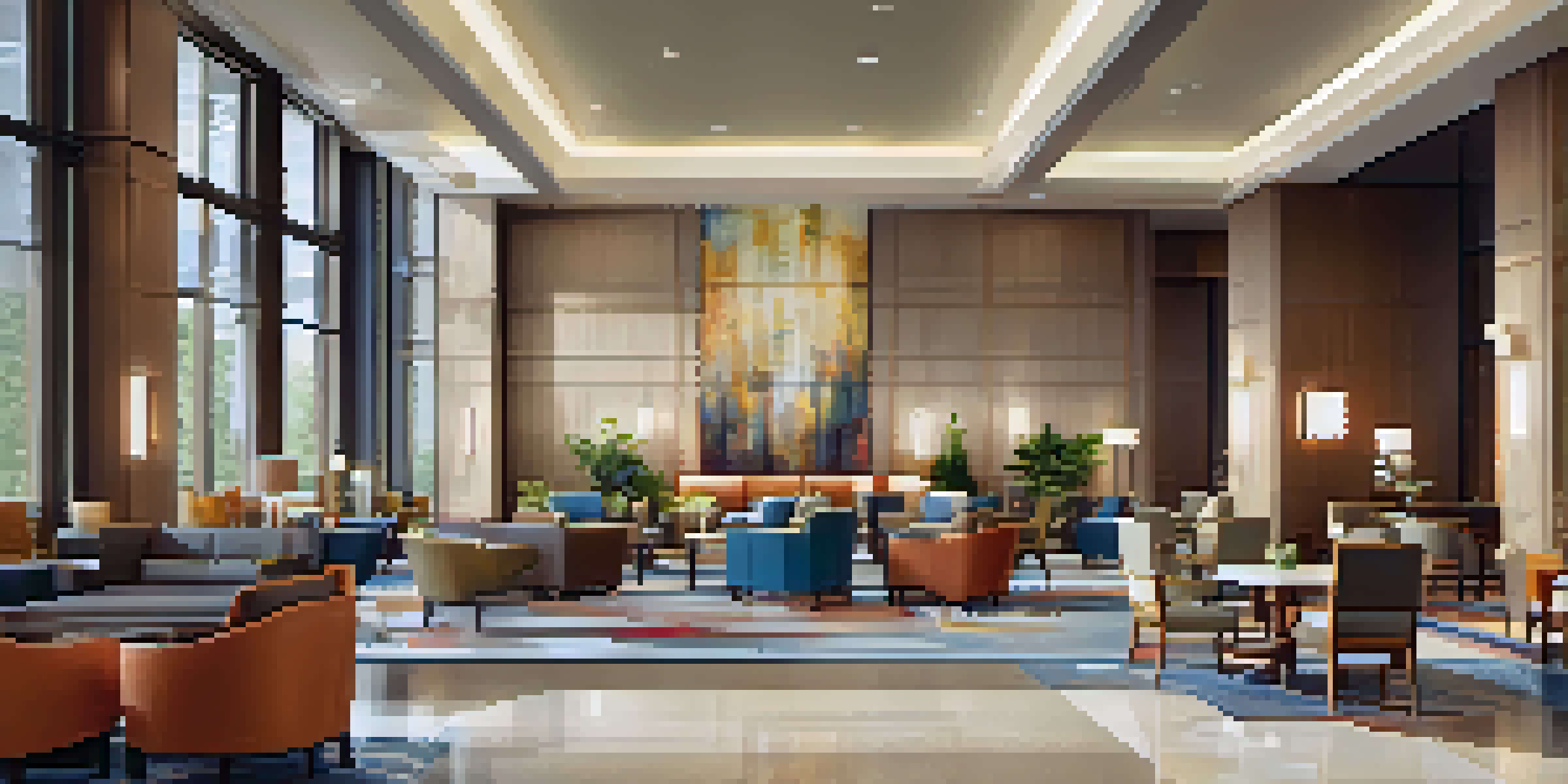 A bright hotel lobby with wide pathways, comfortable seating, and large windows.