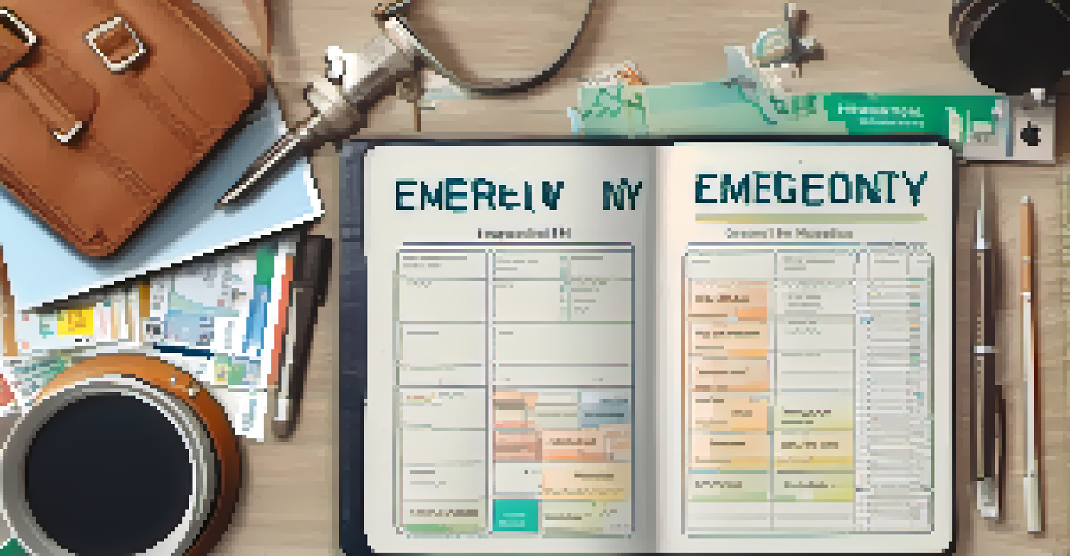 An open travel budget planner with a passport, camera, and map, focusing on an emergency fund section.