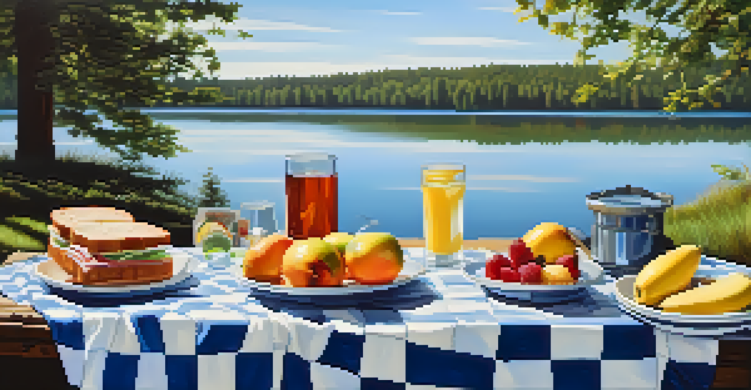 A picnic setup with a blanket, sandwiches, and fruits by a calm lake surrounded by trees.