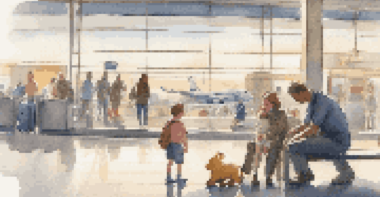A parent comforting a child at an airport, with the child holding a stuffed animal, surrounded by a busy airport backdrop.