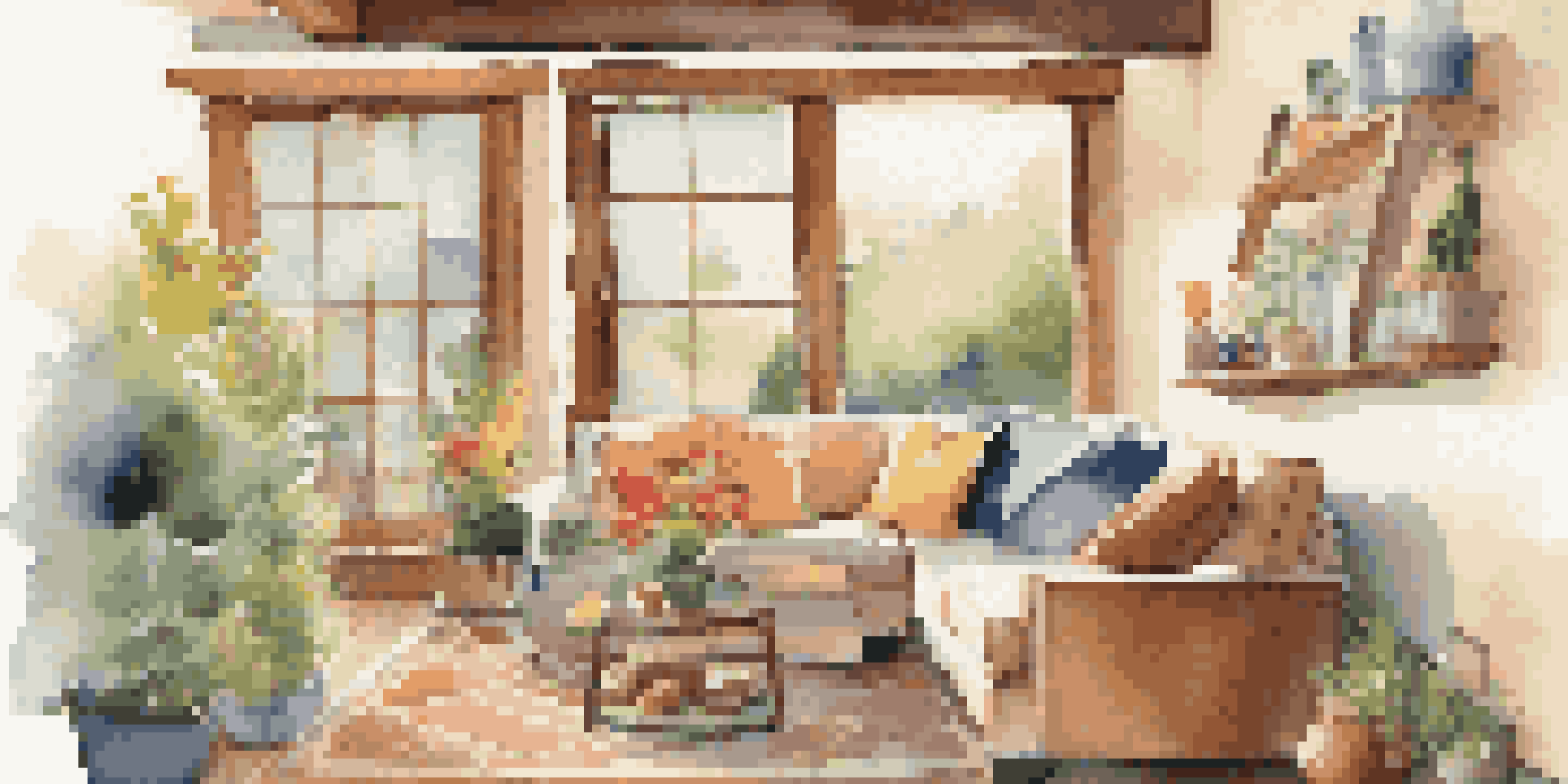 A cozy interior of a pet-friendly vacation rental with a dog on the couch and a sunny garden view.