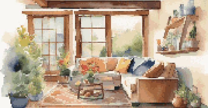 A cozy interior of a pet-friendly vacation rental with a dog on the couch and a sunny garden view.