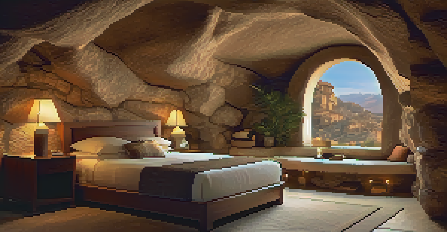 A cave hotel room with stone walls, a plush bed, and soft lighting creating a cozy atmosphere.