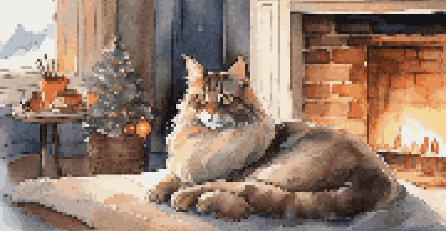 A cat sleeping on a blanket by a fireplace in a warmly decorated room with snow outside the window.