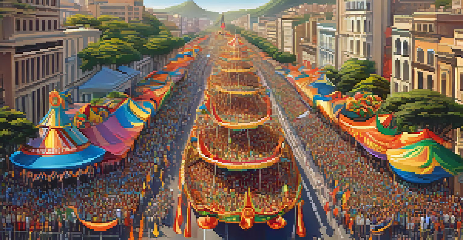 An aerial view of the Rio Carnival parade with colorful floats and crowds of spectators celebrating together.