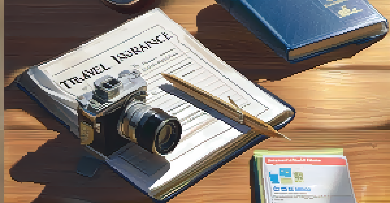 A close-up of a travel insurance policy document with travel essentials like a passport and camera.