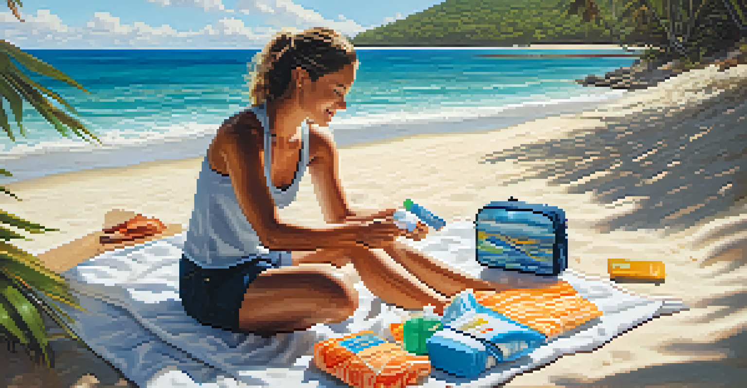 A traveler on the beach unpacking a health kit with sunscreen and sanitizers, with ocean waves in the background.