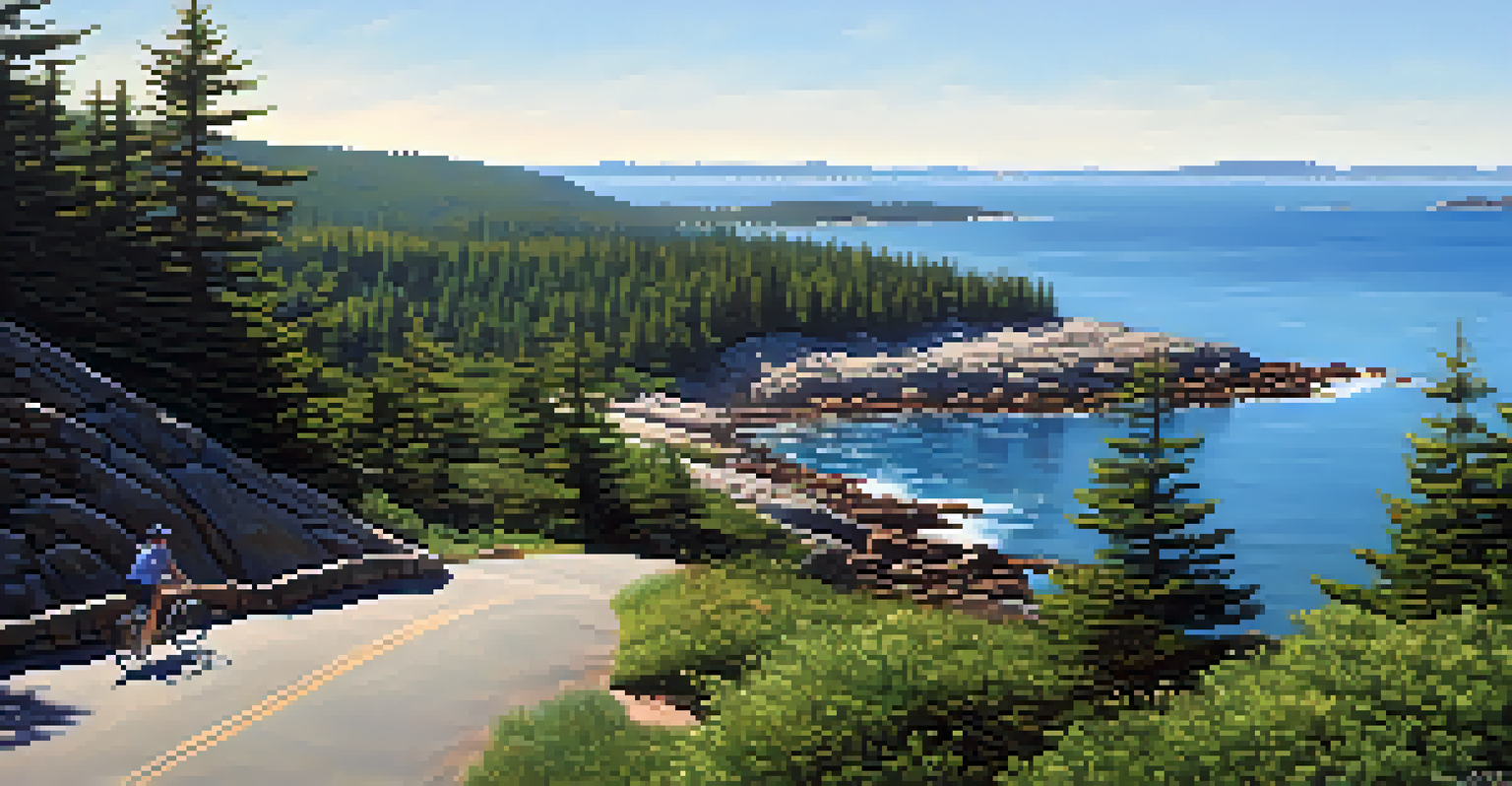 A beautiful coastal view at Acadia National Park with rocky shores, lush forests, and a couple biking along the carriage roads.