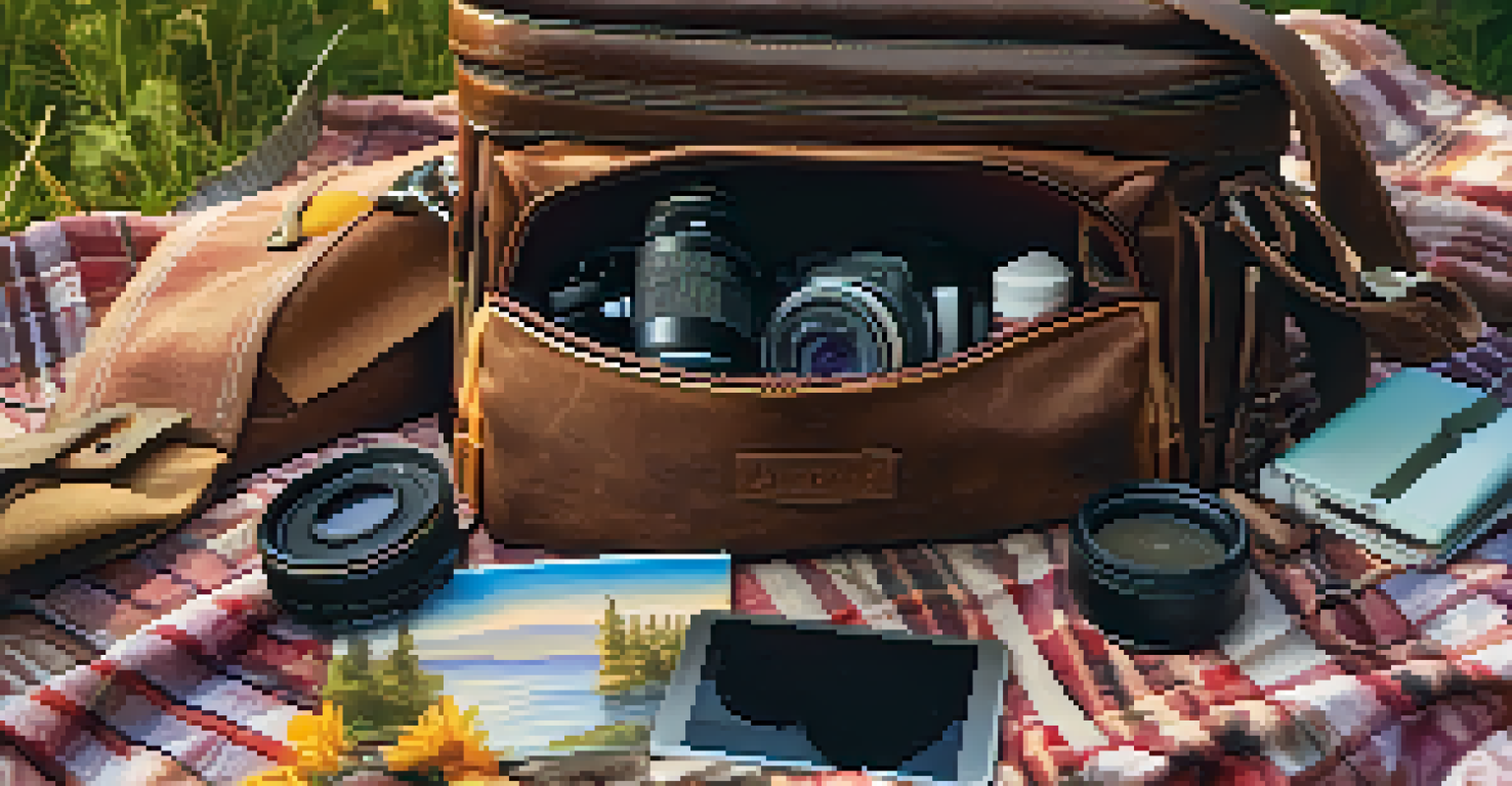 An open camera bag with photography accessories displayed on a picnic blanket in a natural setting.