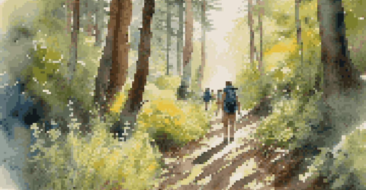 A diverse group of travelers hiking responsibly on a marked trail in a national park, surrounded by wildflowers and sunlight filtering through the trees.