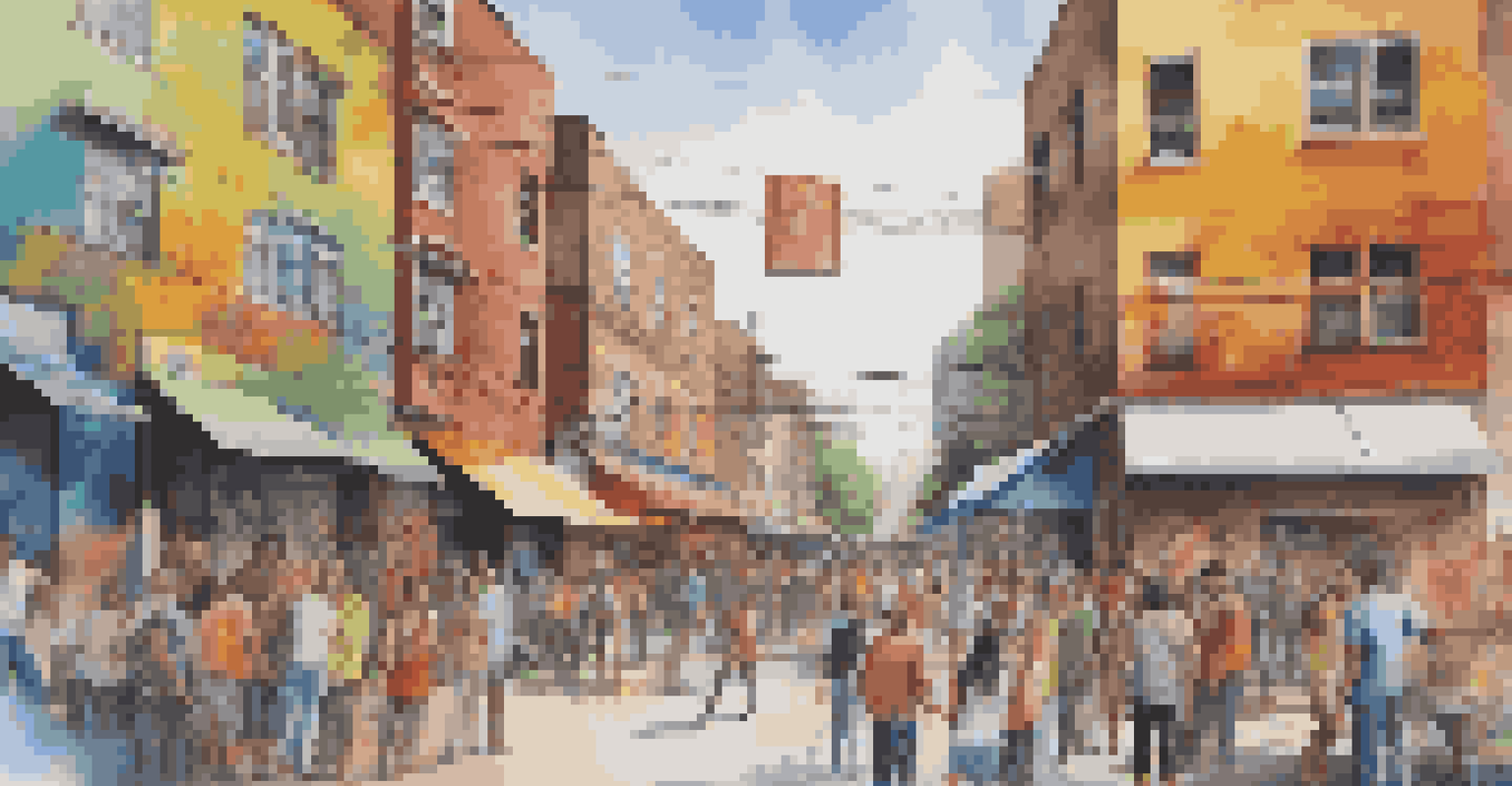 A lively street art scene with colorful murals and artists painting in an urban setting.