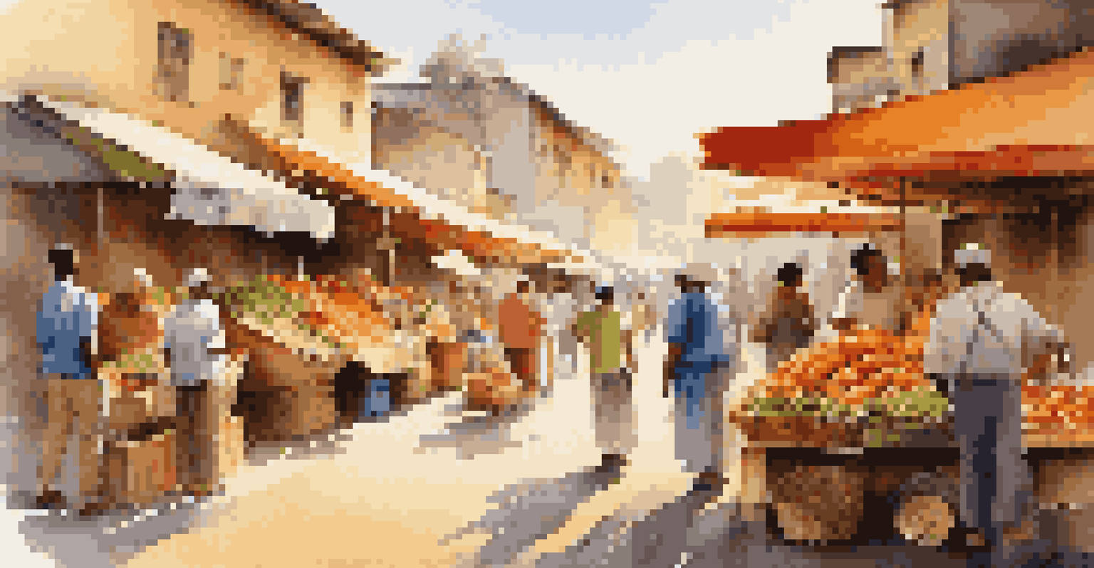 A lively local market with colorful stalls filled with produce and people interacting in the warm sunlight.