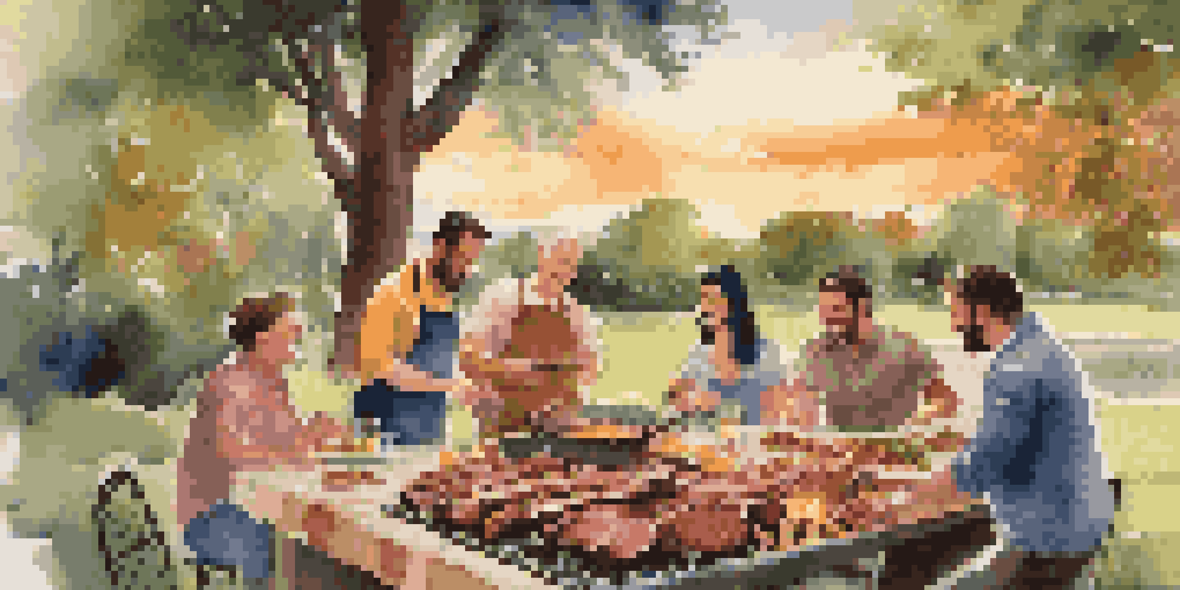 A group of friends enjoying an outdoor barbecue with a traditional grill, surrounded by greenery and the warm glow of sunset.