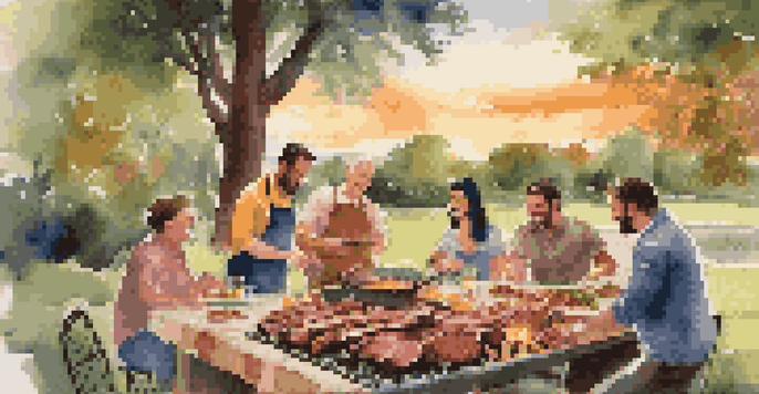 A group of friends enjoying an outdoor barbecue with a traditional grill, surrounded by greenery and the warm glow of sunset.