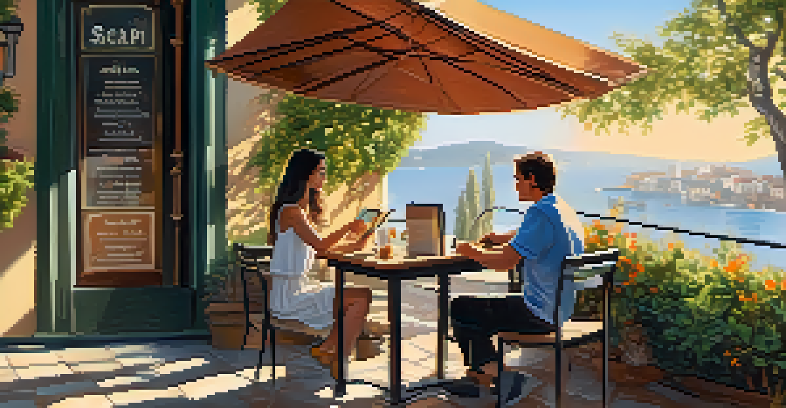 A traveler at an outdoor cafe using a tablet to get restaurant recommendations from a chatbot.