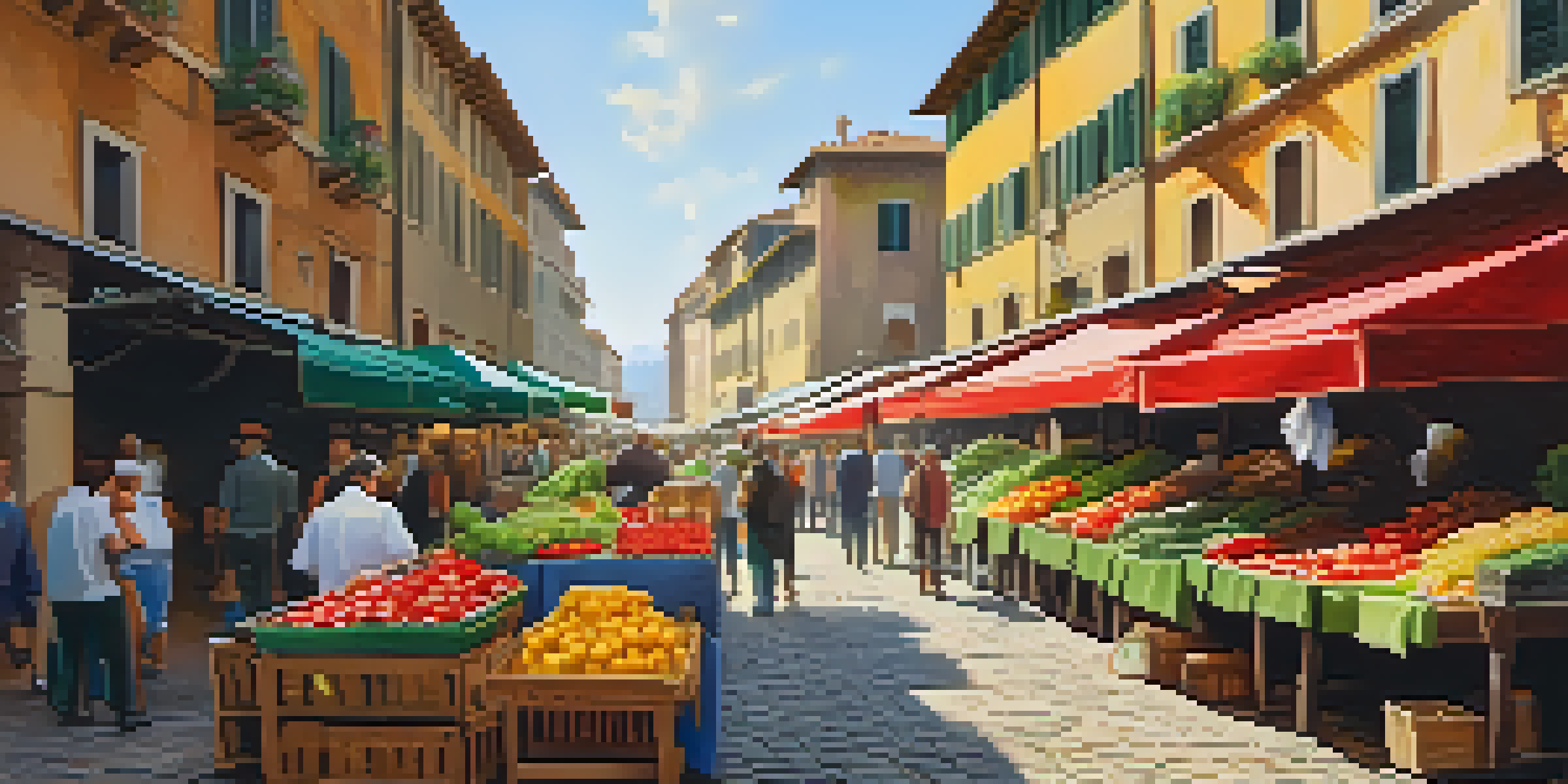 A vibrant Italian market with colorful stalls displaying fresh produce and local vendors interacting with customers under soft morning light.
