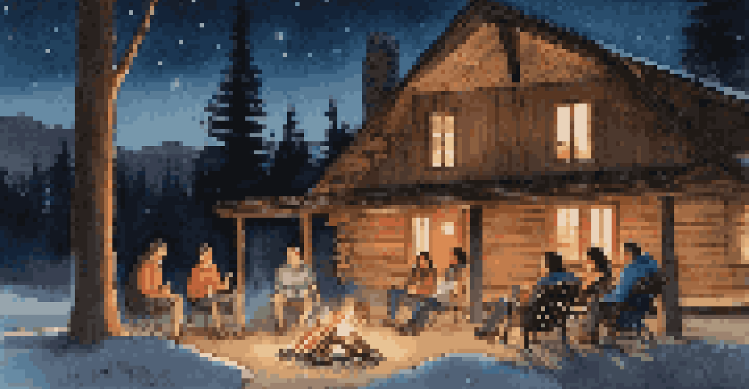 A family enjoying a campfire under the stars, with a lodge in the background, creating a warm and inviting atmosphere.