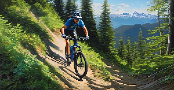 A mountain biker descending a steep trail in a lush forest with mountains in the background, illuminated by sunlight.