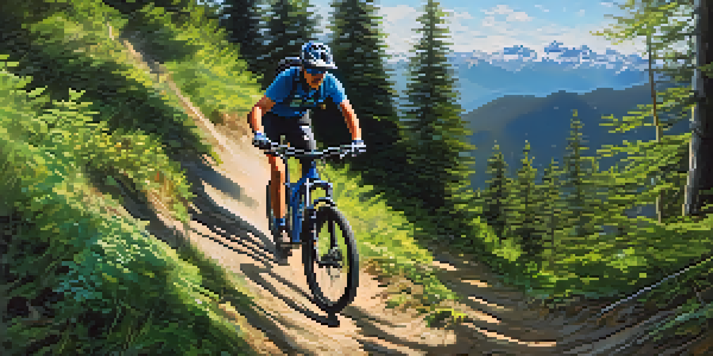 A mountain biker descending a steep trail in a lush forest with mountains in the background, illuminated by sunlight.