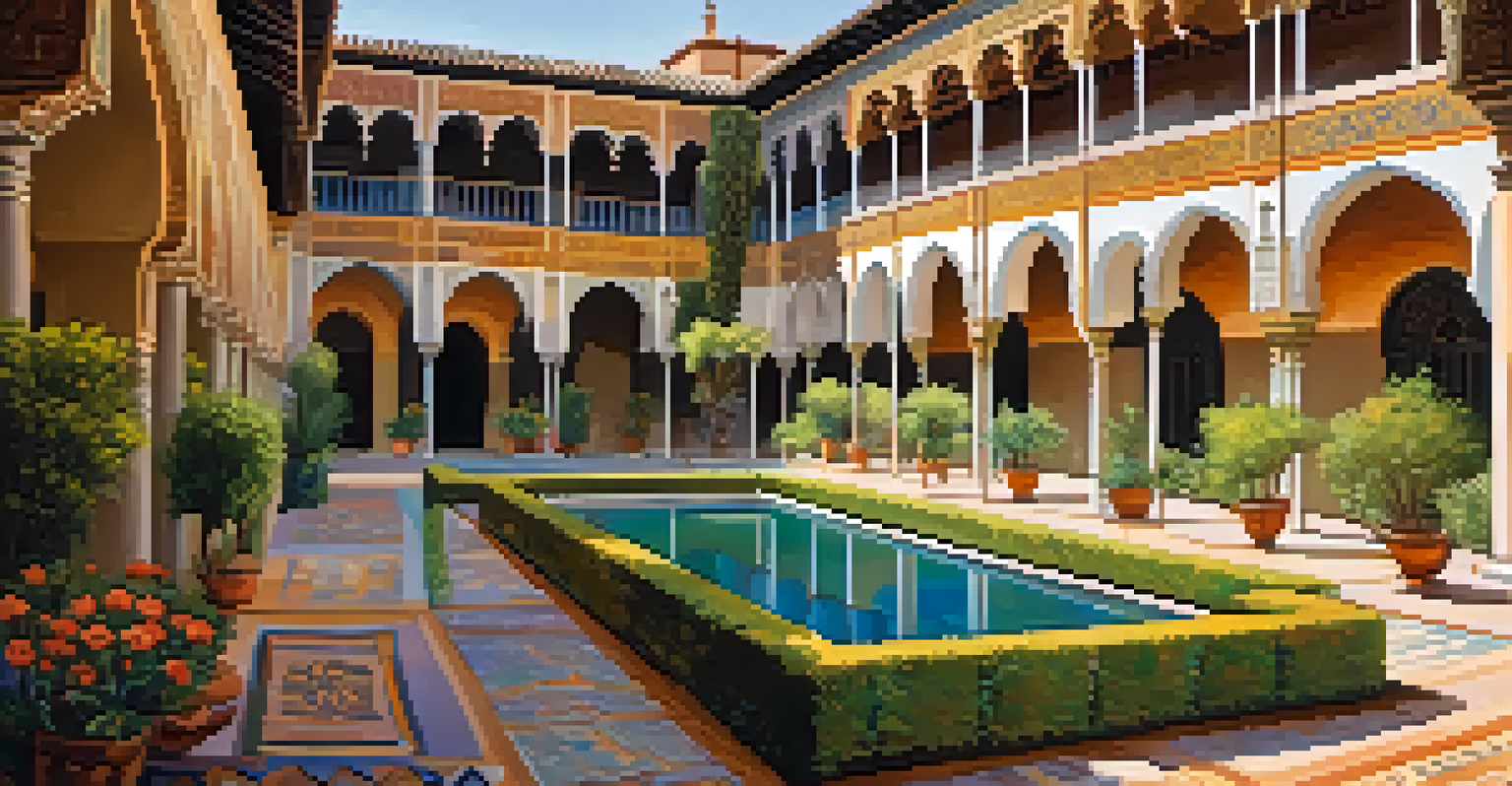 The Alcázar of Seville featuring intricate Moorish architecture, lush gardens, and vibrant tiles under soft sunlight.