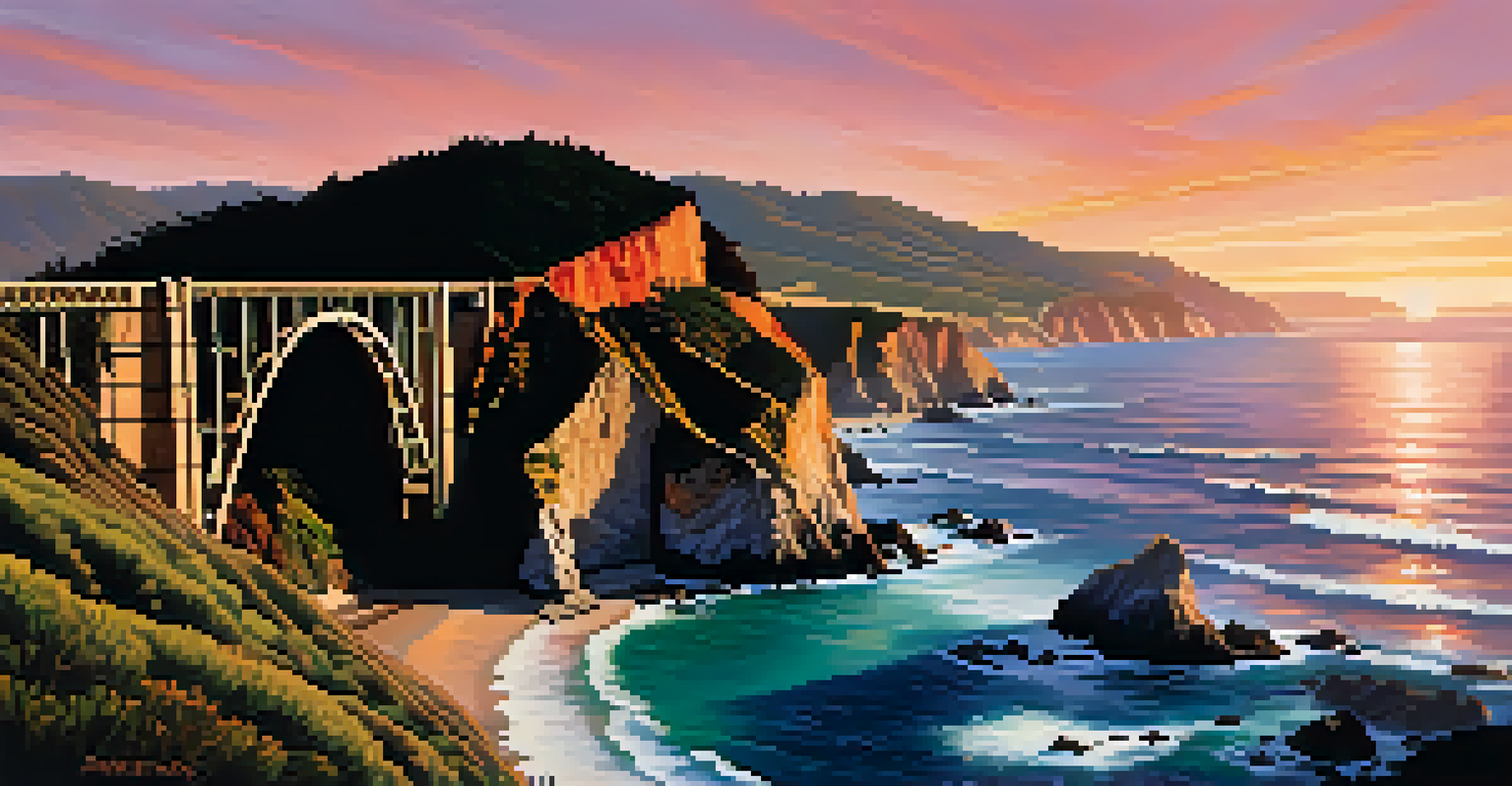A stunning coastal view with cliffs, a bridge, and a sunset over the ocean.