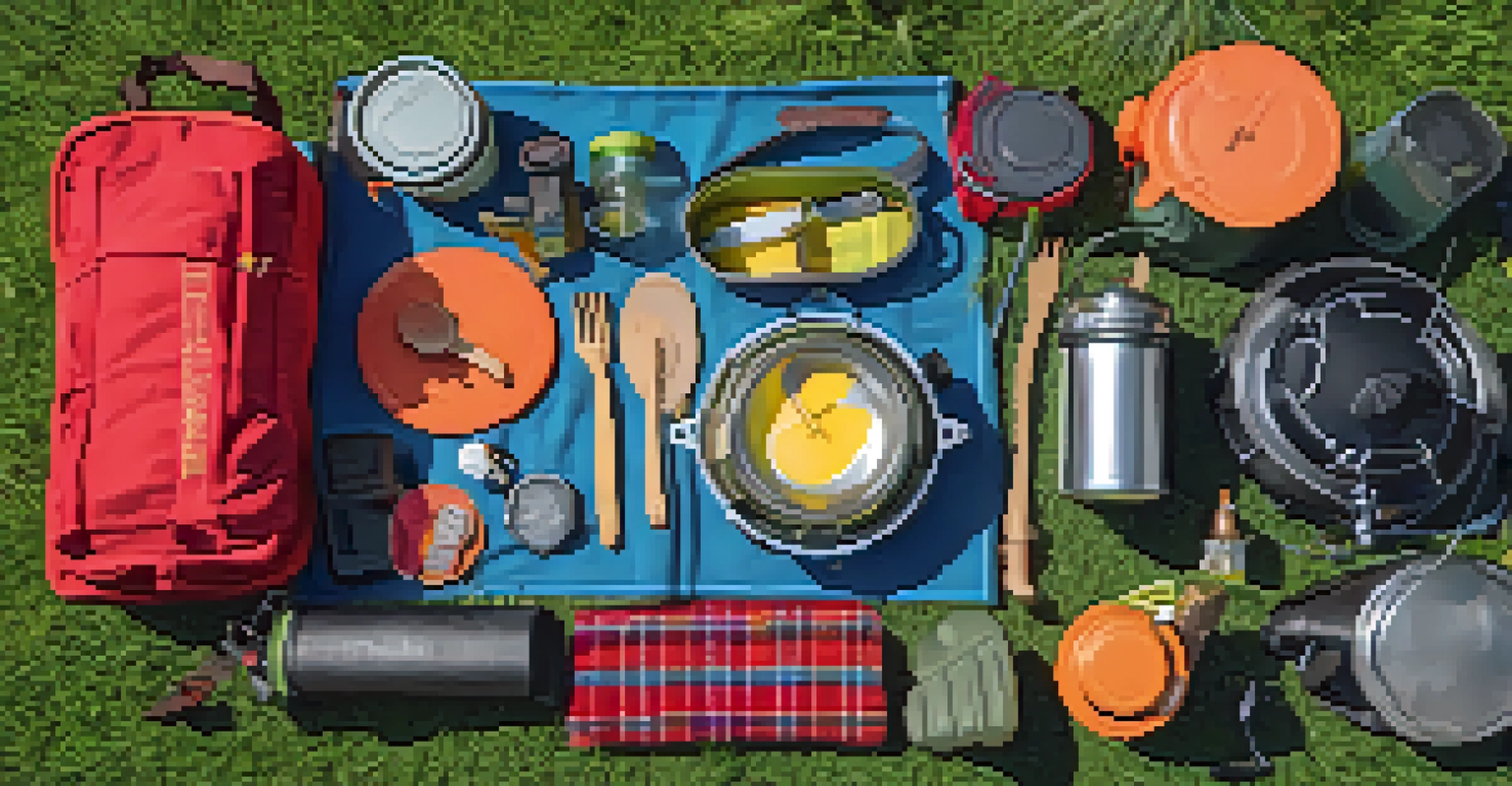 An organized setup of camping gear on a picnic blanket in a sunny grassy area.