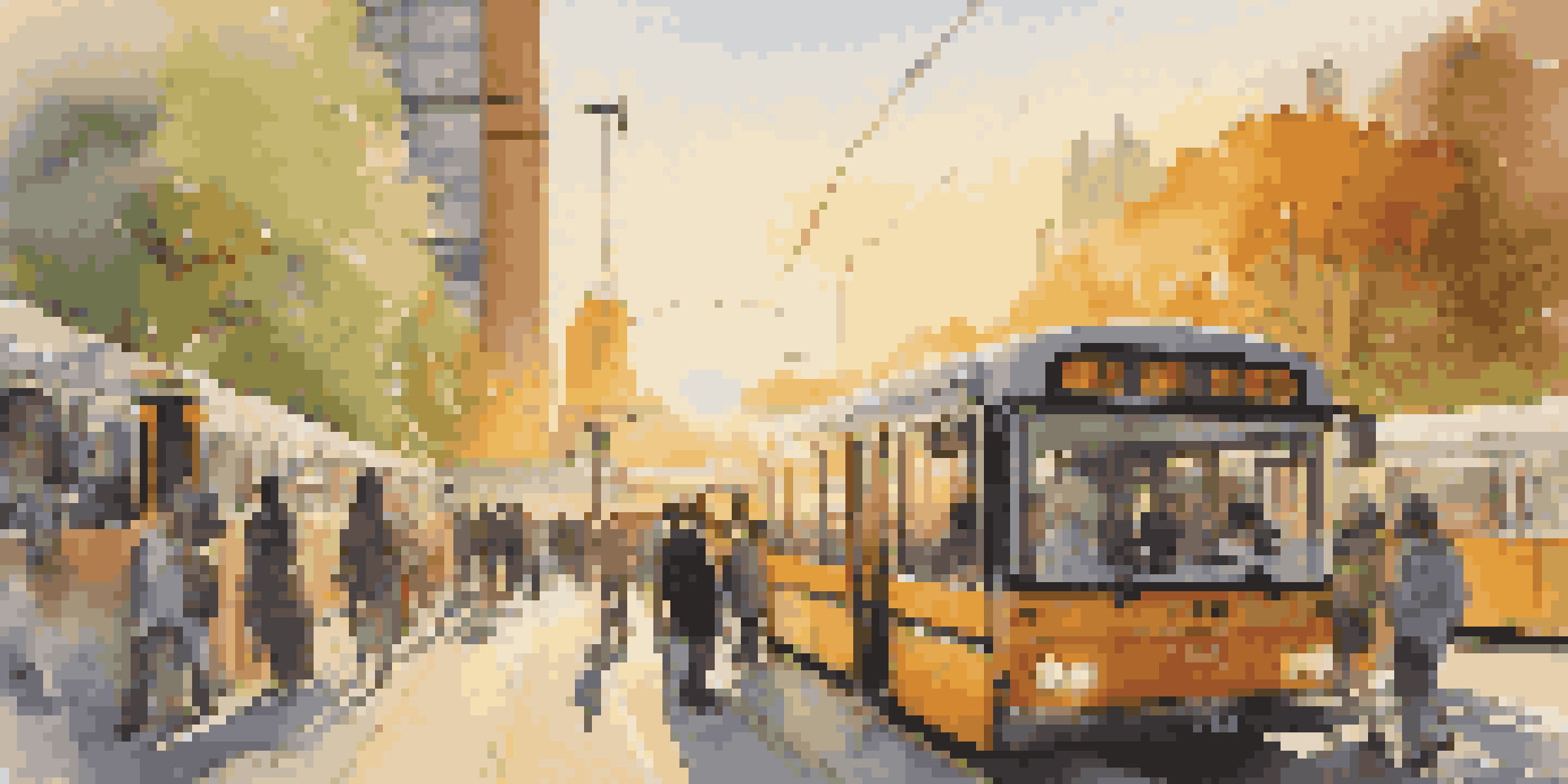 A busy public transport station with a modern bus and train, diverse commuters, and a sunset in the background.